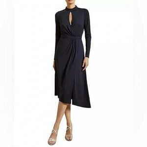 NWT Ted Baker London Women's S ASTRRID DK-Blue Long Sleeve Mock Neck‎ Midi Dress